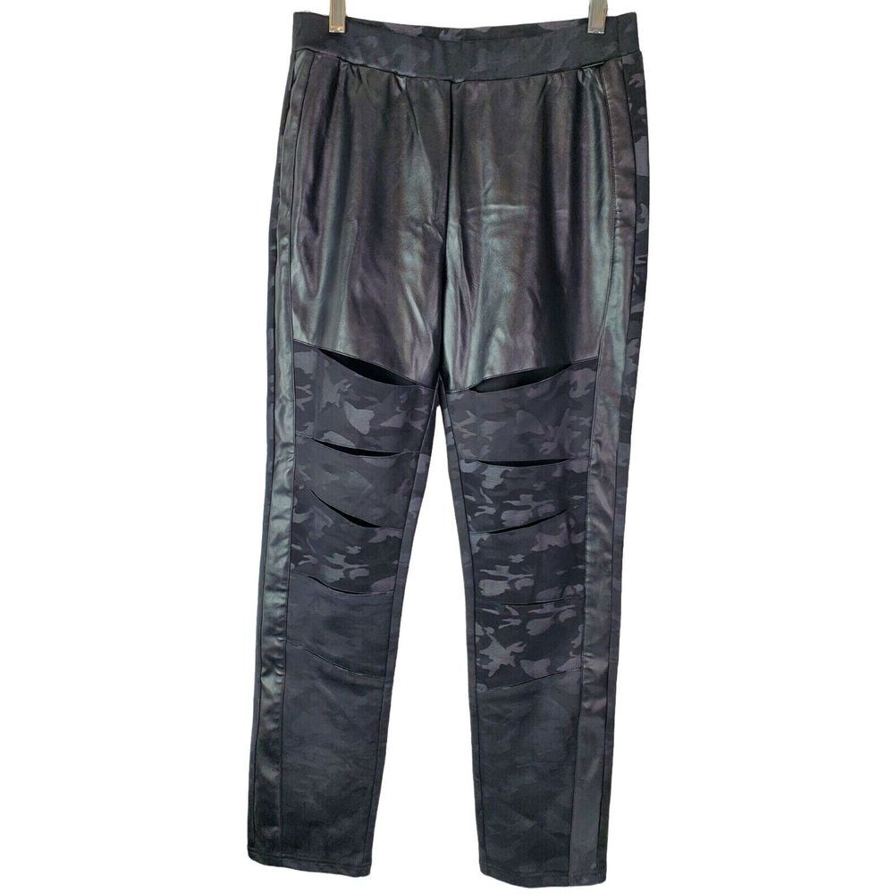 Simon Chang Faux Leather‎ Animal Print Cut Out Pants Size Medium